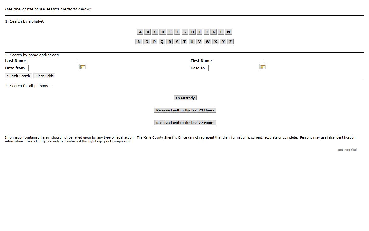 Kane County warrant detainee search application page