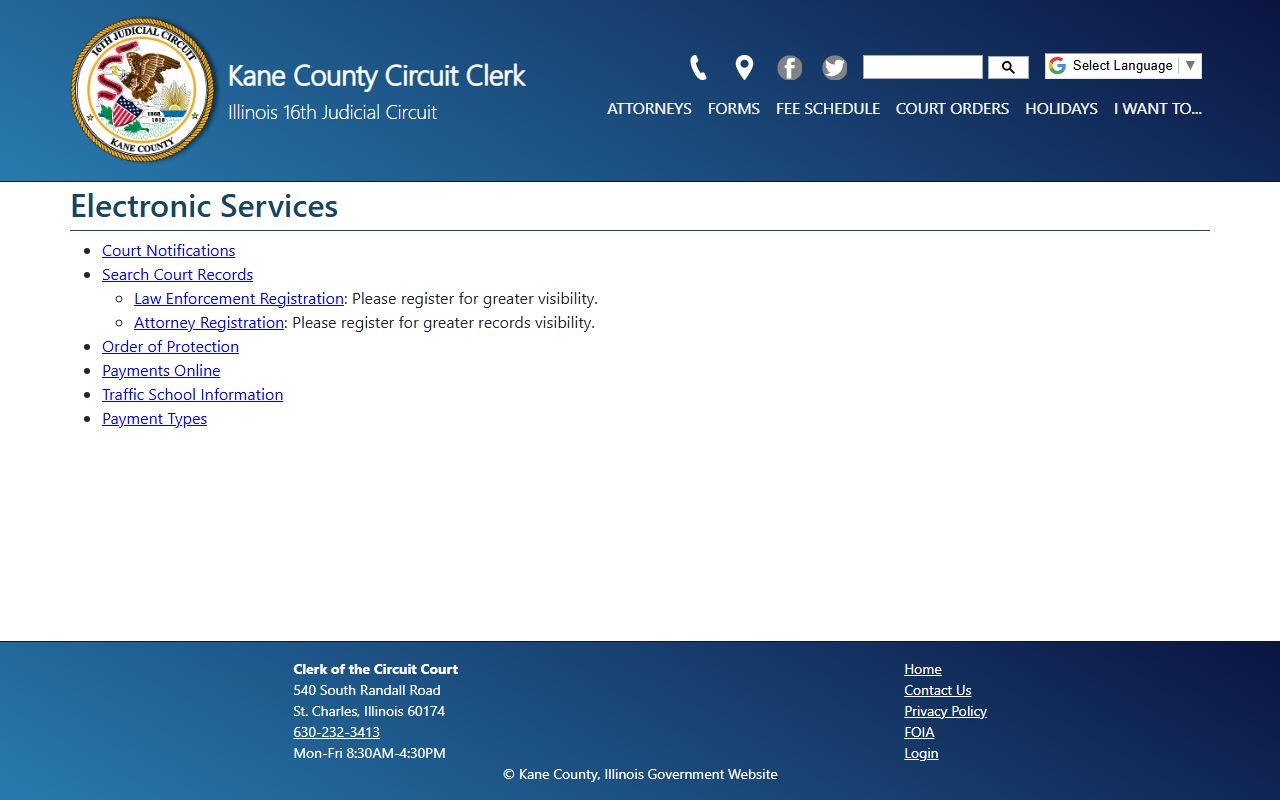 Kane County probate records Circuit Clerk electronic services page