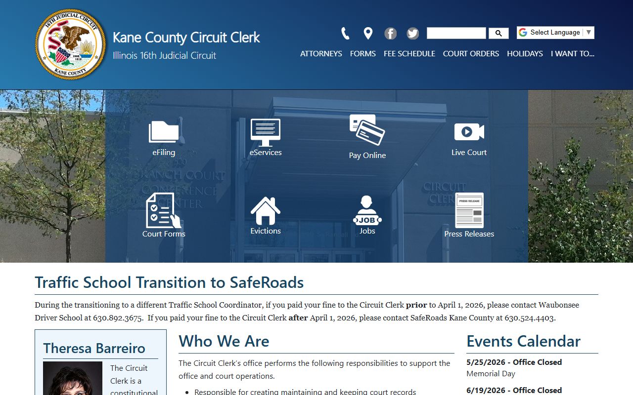 Kane County court records Circuit Clerk homepage with case search and contact information