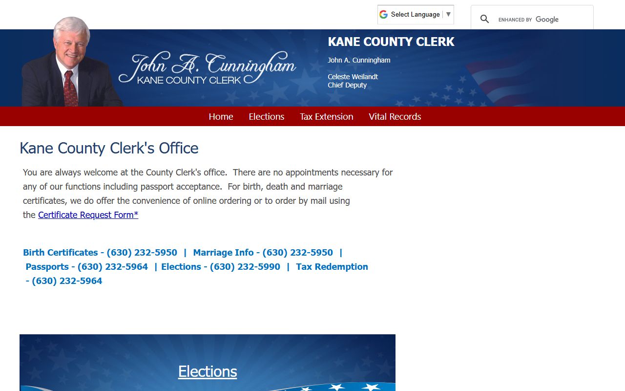 Kane County Clerk homepage with marriage, vital records, and election links