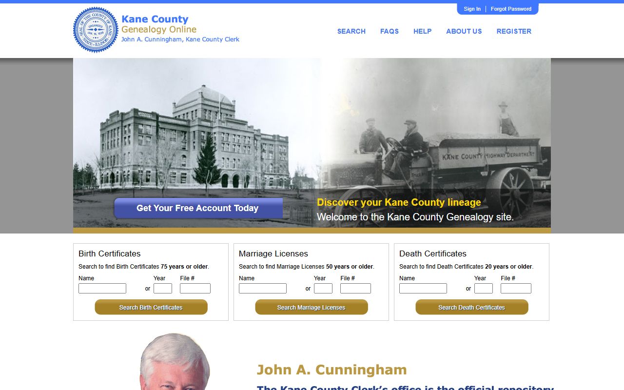 Kane County Clerk genealogy search for historical birth, marriage, and death records