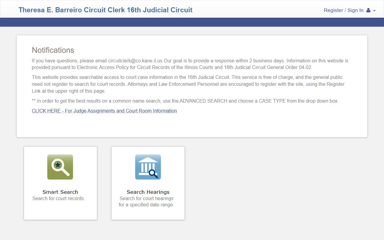 Kane County Court records Odyssey public access portal landing page