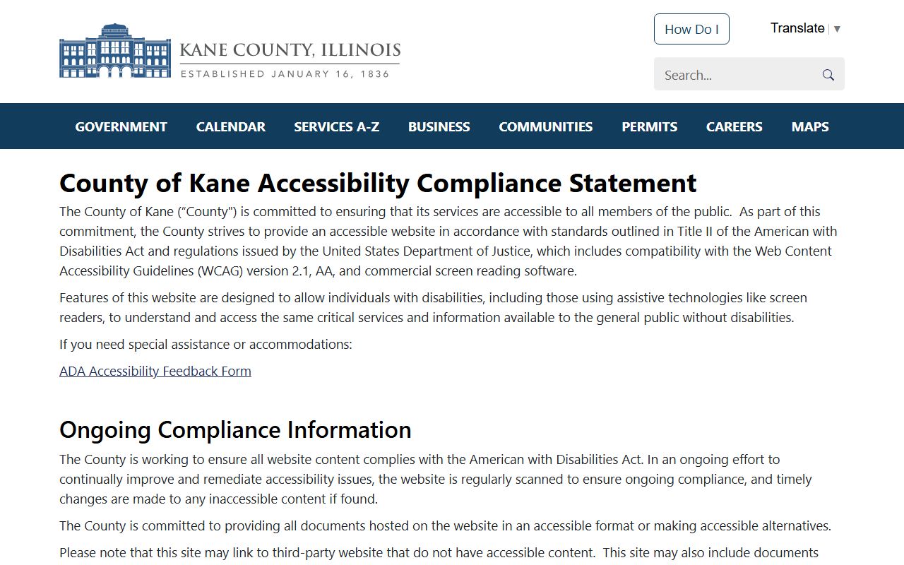Kane County public records web accessibility and ADA statement page