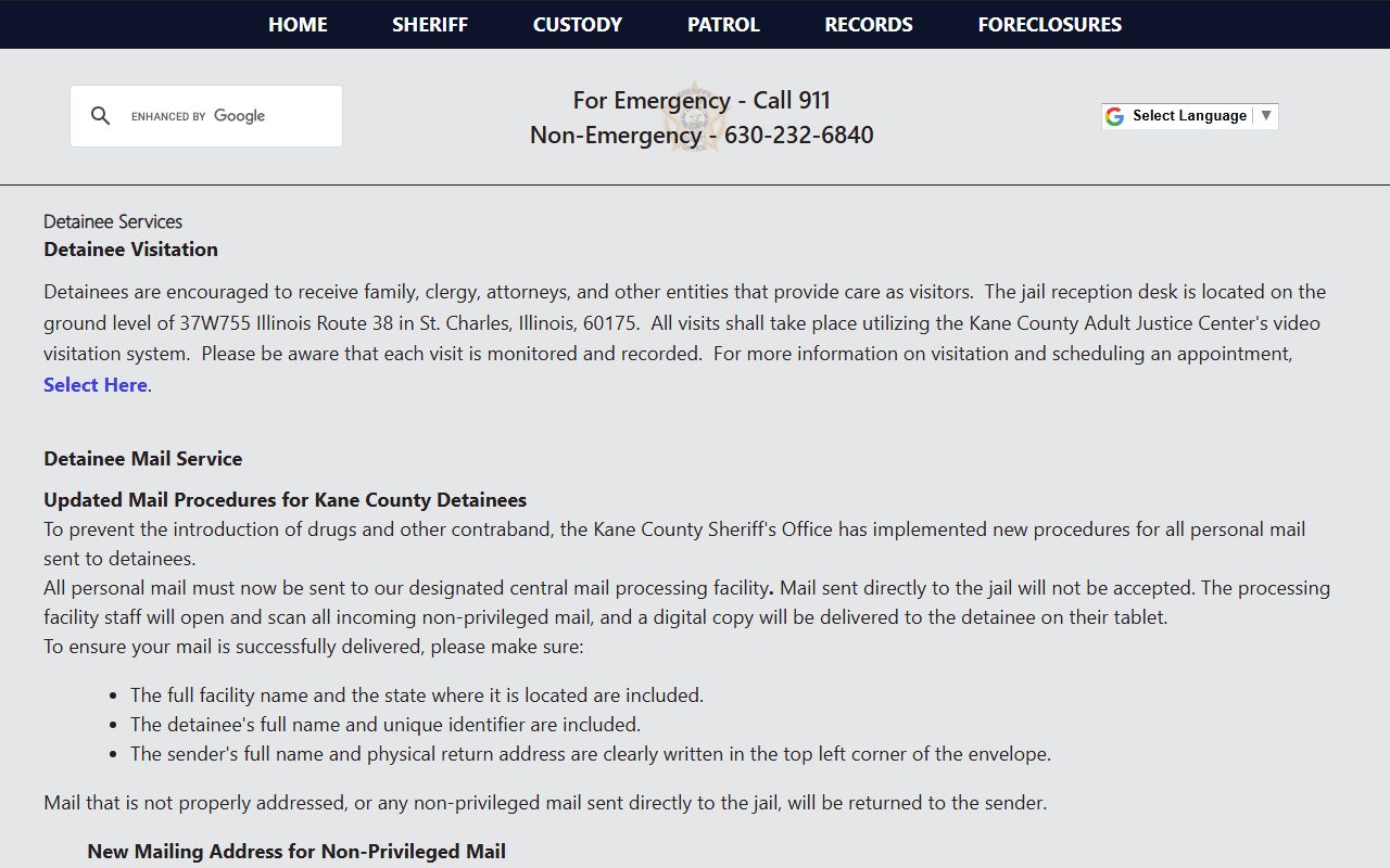Kane County inmate records detainee services page at the Adult Justice Center