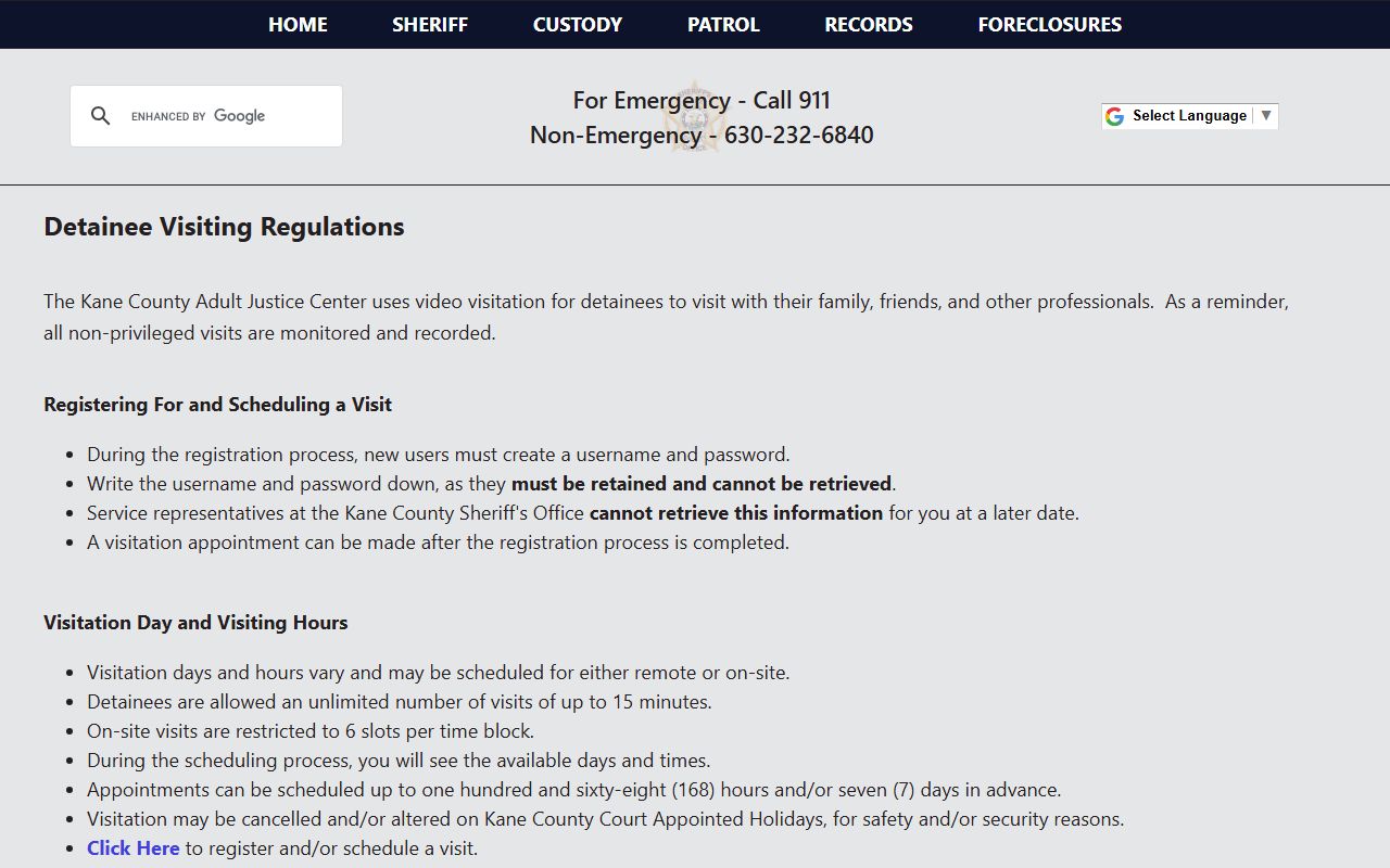 Kane County inmate records jail visiting regulations page