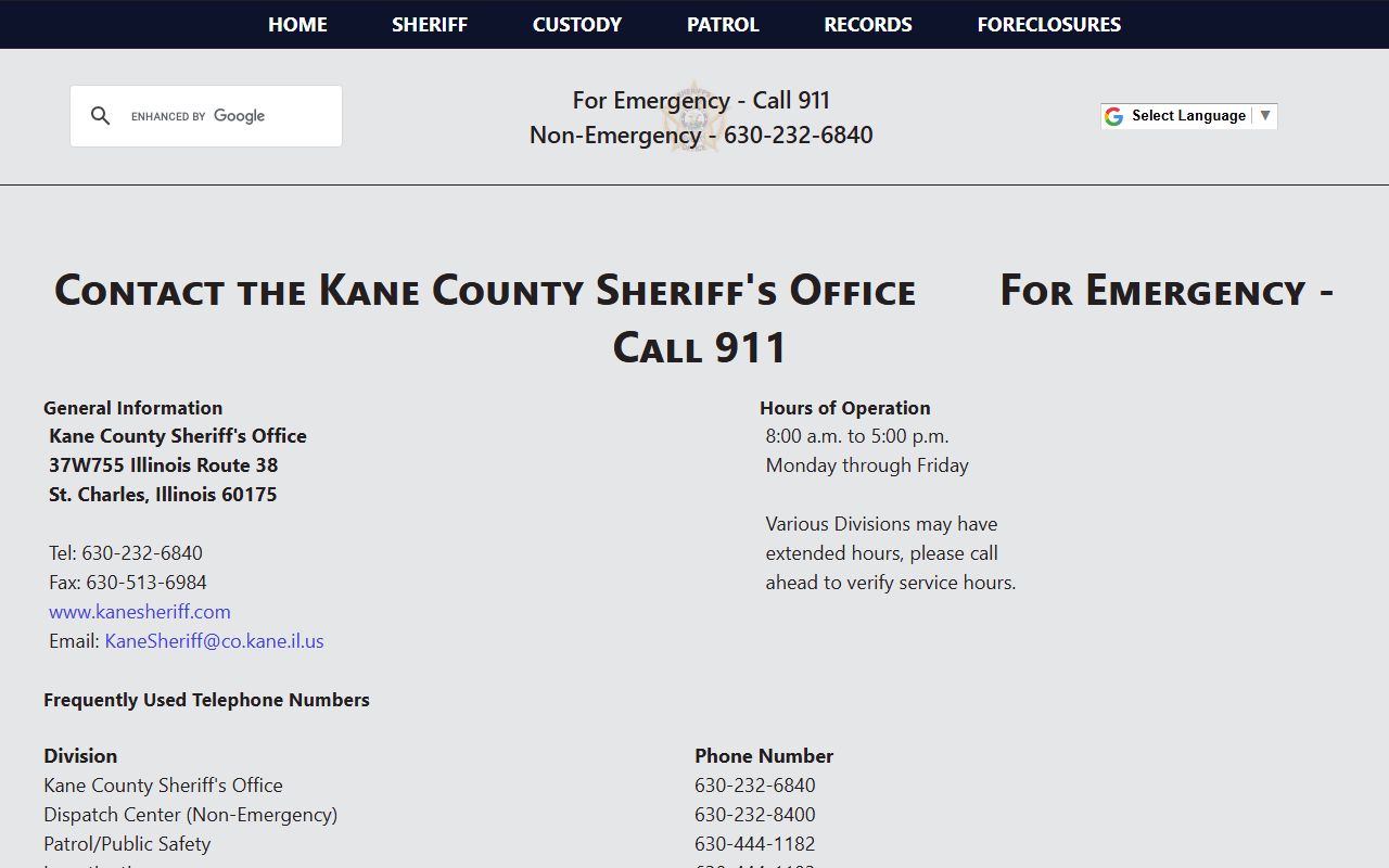 Kane County warrant Civil and Warrants Division contact page