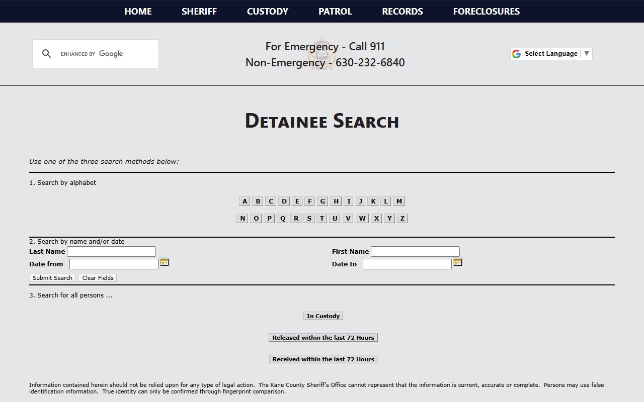 Kane County Sheriff's Office detainee search page