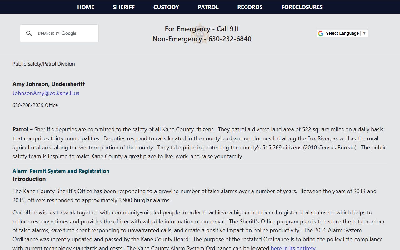 Kane County jail population context on the Sheriff's patrol and public safety page