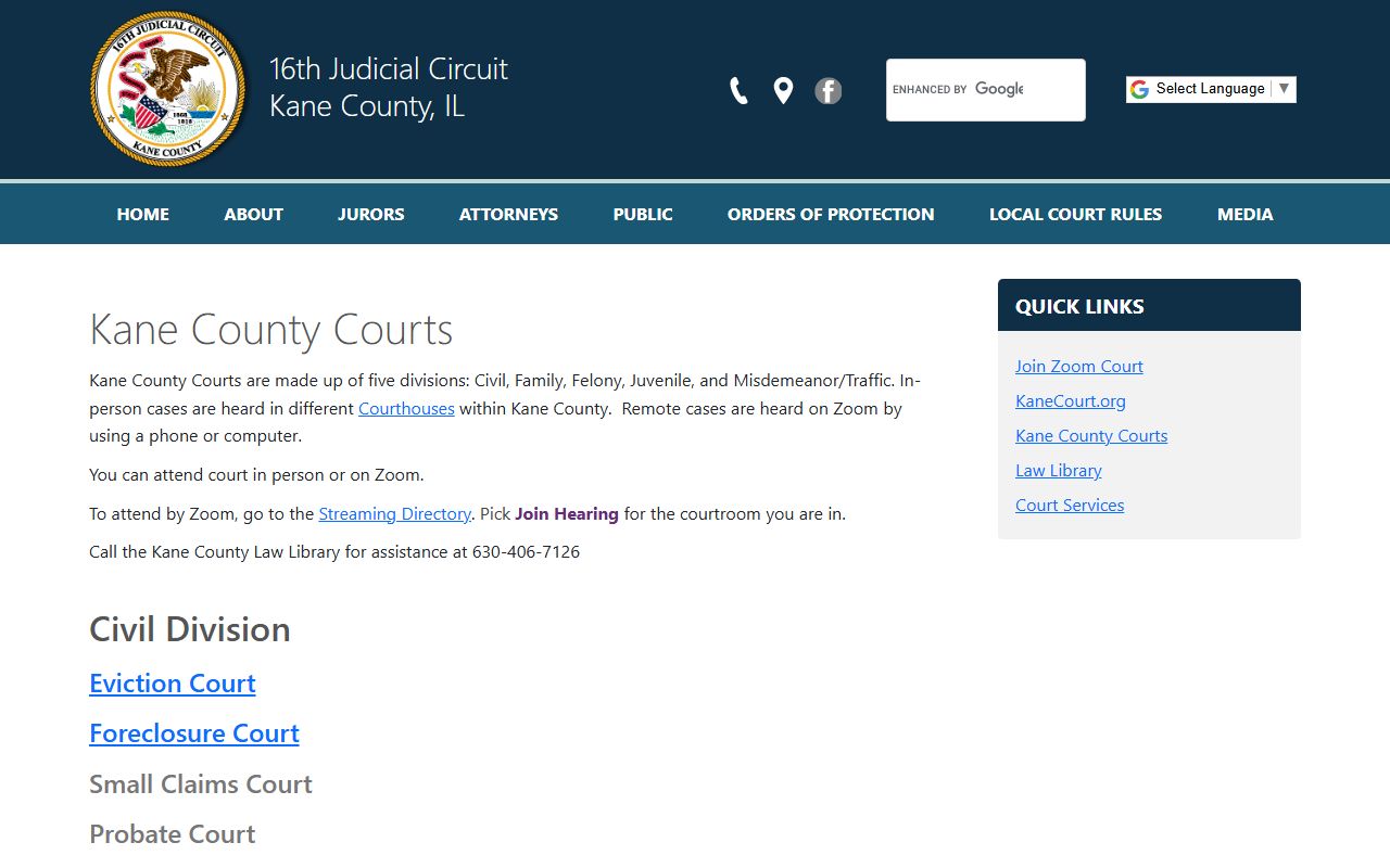 Sixteenth Judicial Circuit Kane County Courts page